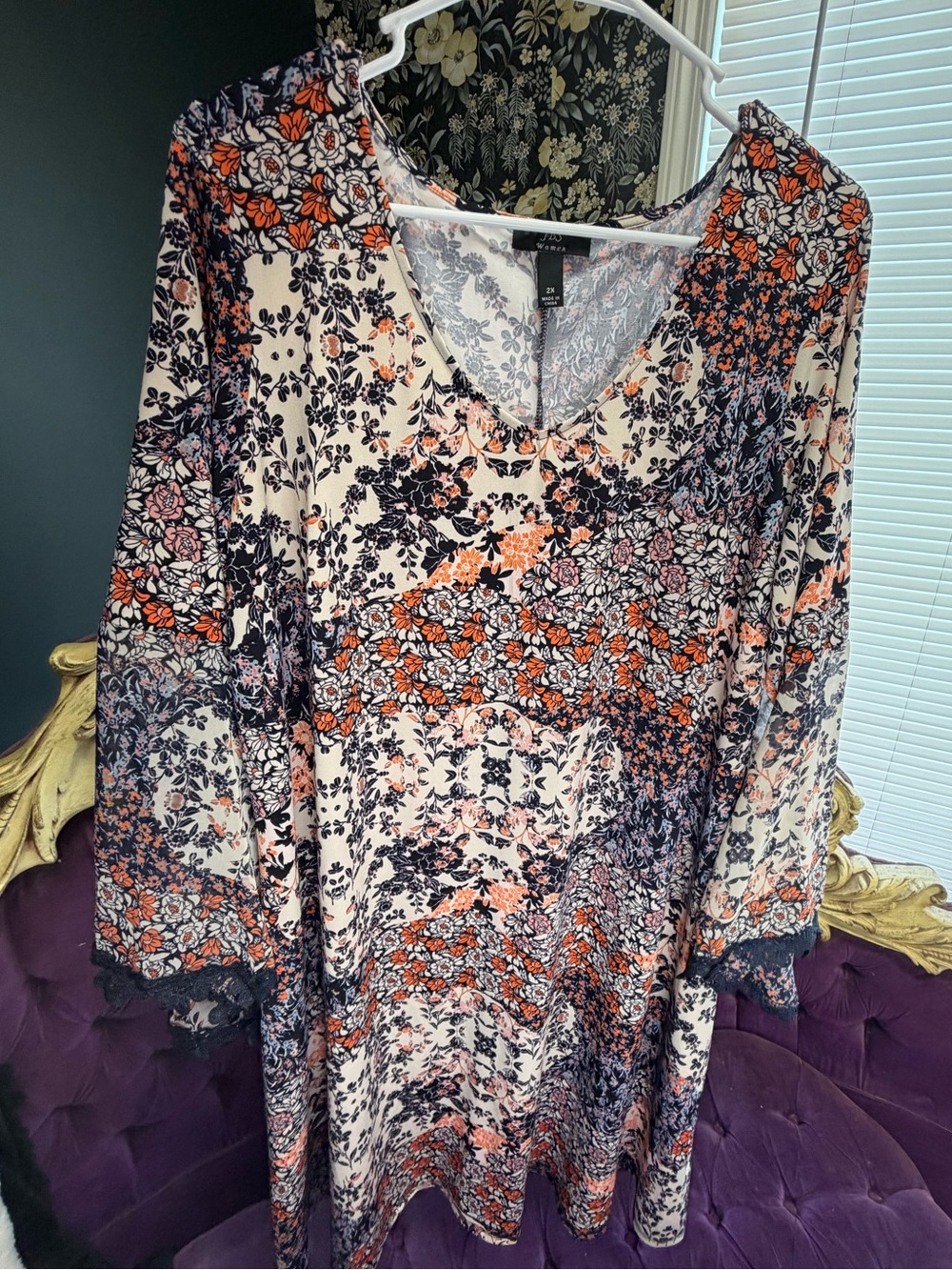 PLUS J.B.S. Floral V-Neck Long Sleeve Dress - Cream, Orange & Navy